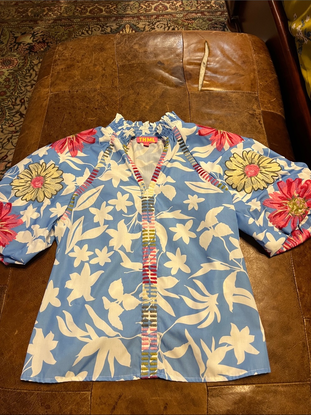 THML embroidered floral blue and white top